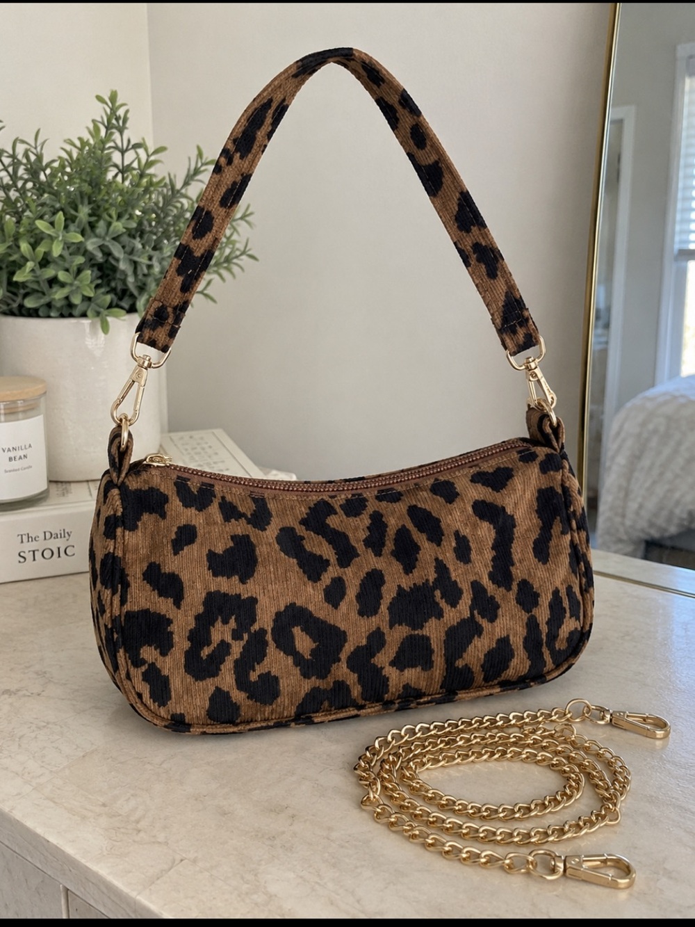 Brown Leopard Corduroy Crescent Shoulder Bag Y2K Hobo Crossbody Purse Gold Chain